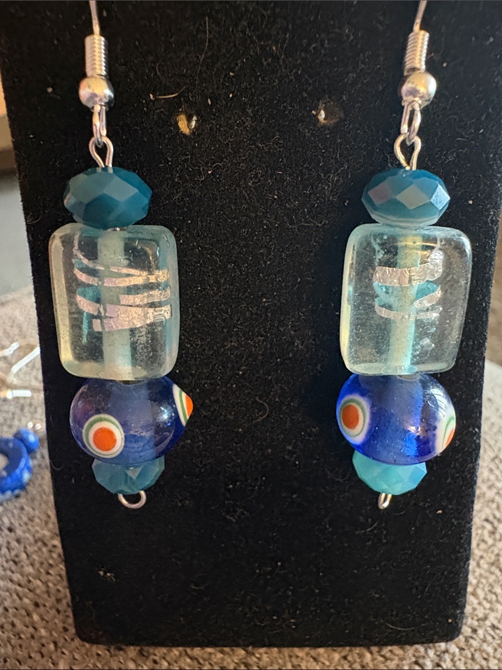 Hand Crafted Teal and Cobalt Glass Bead Drop Earrings With Stone Accents